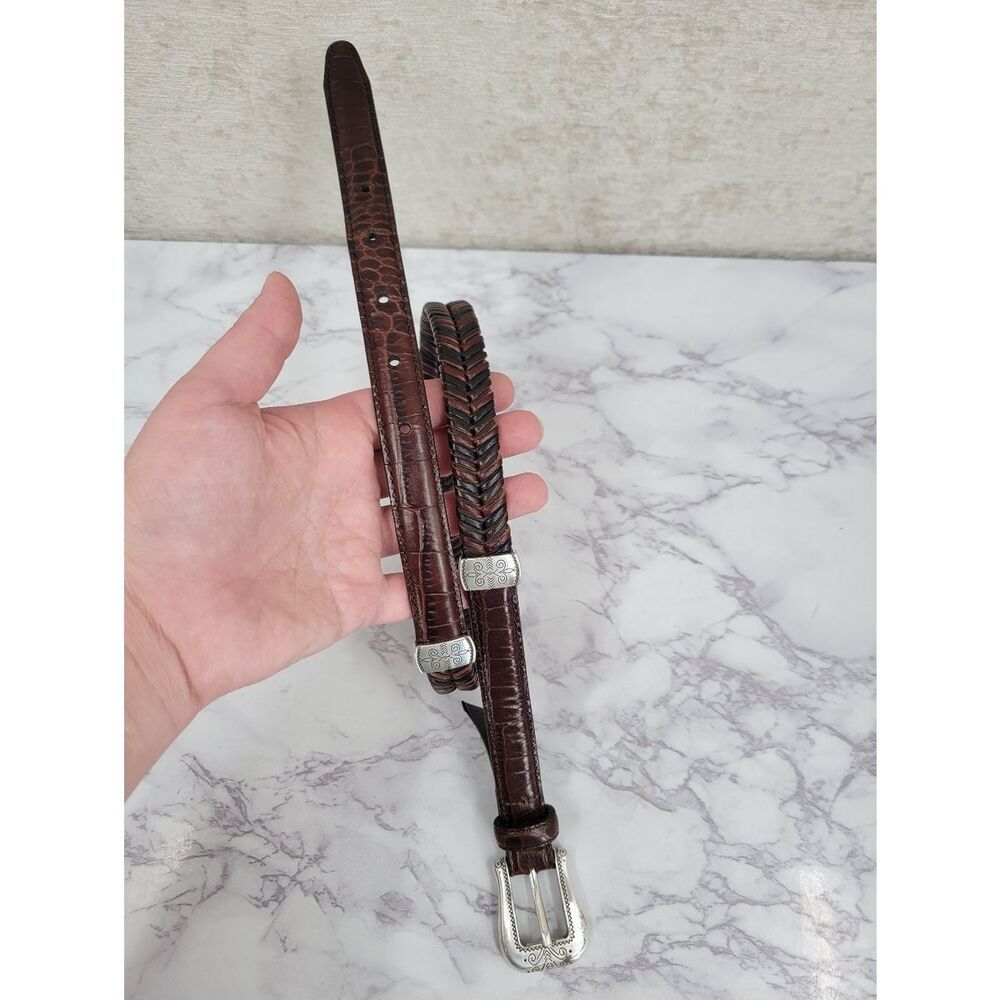 Brighton Braided Woven Leather Belt inTwo Tone Dark Brown Silver Toned Buckle